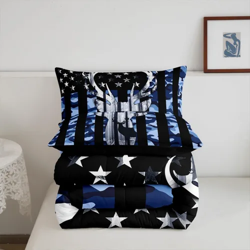 Miniatura 6 de Juego de edredón Queen con bandera estadounidense, edredón de plumón de camuflaje azul con astas y hojas grises para hombres adultos, juego de ropa