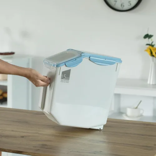 Miniatura 5 de Basicwise QI004138L.2 - Juego de 2 recipientes de plástico blanco para almacenar alimentos, con una taza medidora y ruedas, grande