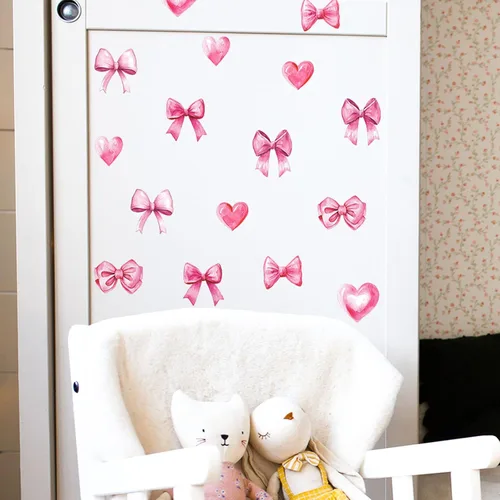 Miniatura 8 de Arawat 48 piezas de decoración de moño rosa para baño y dormitorio, calcomanías de pared de lazo y calcomanías para decoración de habitación