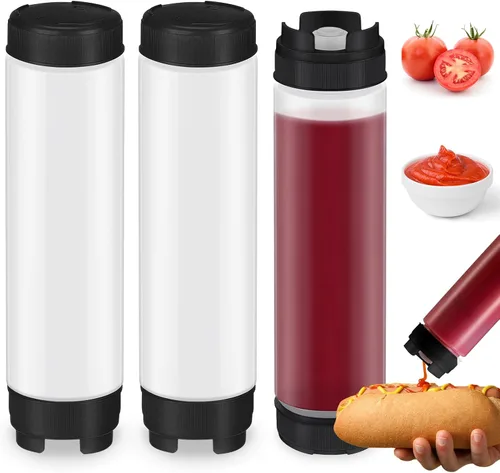 Sabary 3 unidades de botellas exprimibles de plástico invertidas de 16 oz, dispensador recargable con válvula grande para condimentos, botella