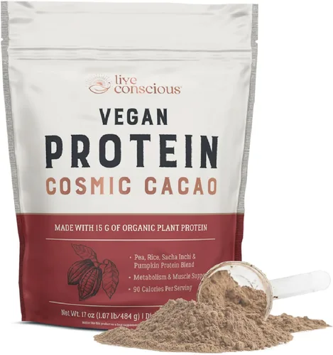 Live Conscious Cosmic Cacao - Proteína en polvo vegana orgánica, sabor a chocolate, mezcla a base de plantas, proteína de guisante, arroz integral,