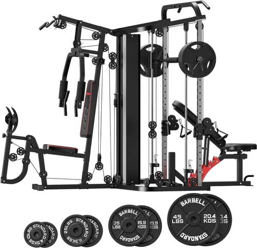 Miniatura 9 de SunHome - Estación de entrenamiento multifunción para el gimnasio en casa, máquina Smith con pila de pesas de 62.6 kg, prensa de piernas, estación