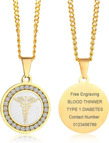 Miniatura 120 de VNOX Collar con colgante personalizado de acero inoxidable con grabado personalizado para identificación de alerta médica de emergencia para hombres