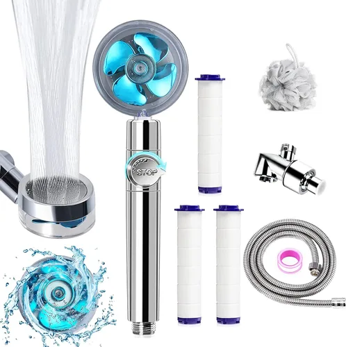 Miniatura 7 de Cabezal de ducha de mano turbocargado, cabezal de ducha de mano de alta presión con ahorro de agua con filtros, interruptor de pausa, Hydro Jet Gris