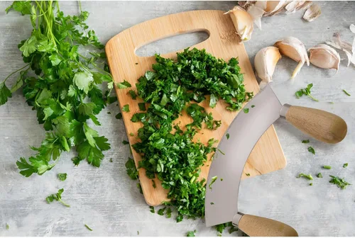 Miniatura 2 de HIC Kitchen Mezzaluna - Picador mecedor y cuchillo de picar con asas dobles, acero inoxidable, madera de caucho, para hierbas, verduras, nueces y más