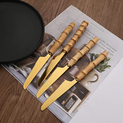 Miniatura 4 de Juego de cubiertos de mango de bambú natural, juego de cubiertos de acero inoxidable para 4, tenedores, cucharas, cuchillos para uso diario, 16