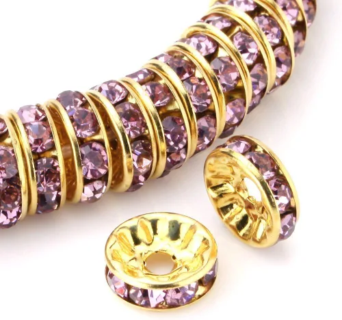 Miniatura 5 de RUBYCA 100 unidades de cuentas espaciadoras redondas estilo Rondelle en tono dorado de 10 mm, cristal checo AB blanco