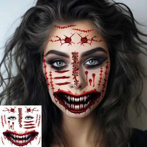 Miniatura 4 de 5 hojas de tatuajes faciales aterradores de Halloween + 1 hoja de tatuaje de cicatrices falsas, tatuaje de boca sangrienta, maquillaje de zombi