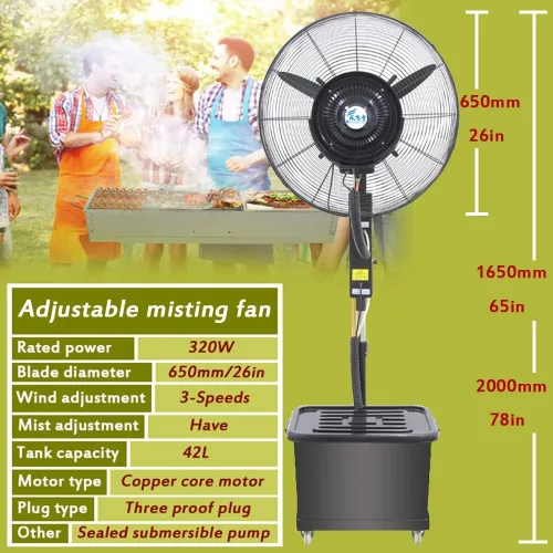 Miniatura 6 de Ventiladores de nebulización de patio de 26 pulgadas para exteriores, ventilador de enfriamiento de pedestal 3 velocidades, oscilación de 90°