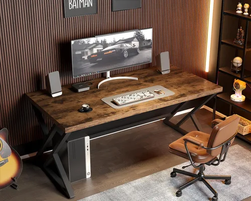 Miniatura 3 de LVB - Escritorio rústico para computadora, escritorio de metal y madera para oficina en casa, escritorio ejecutivo de estudio industrial simple