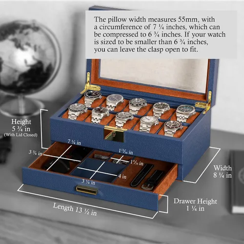 Miniatura 24 de ROTHWELL Caja de reloj de cuero de 10 ranuras con cajón de valet, organizador de exhibición de lujo con forro de microgamuza ultrasuave, soporte