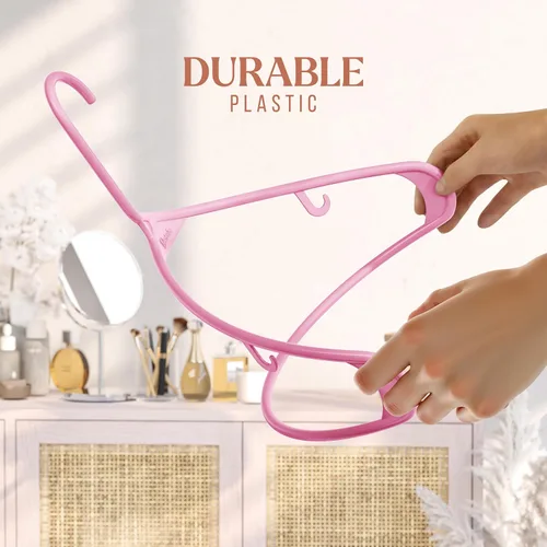 Miniatura 4 de Perchas de plástico para ropa, paquete de 20 unidades, ganchos de plástico color rosa, son la percha perfecta para colgar abrigos y ahorrar espacio