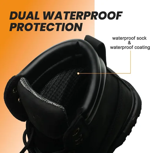Miniatura 4 de Botas de trabajo para hombre, impermeables, con puntera suave, antideslizantes, cómodas, botas de trabajo de cuero Negro-impermeable