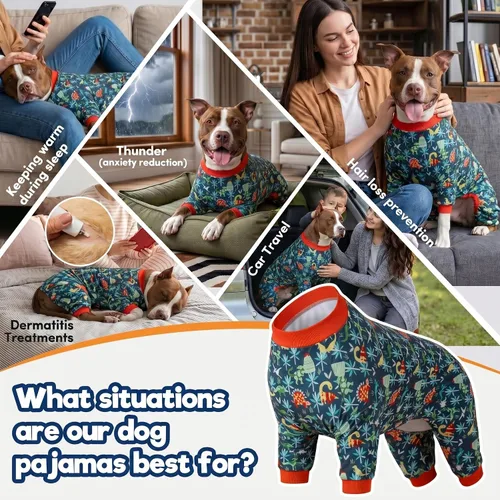Miniatura 4 de LovinPet Sudadera para perro, tela elástica ligera, estampado de dinosaurio verde oscuro, protección solar, camisa para aliviar la ansiedad