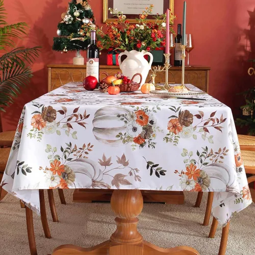 Miniatura 3 de Mantel rectangular con estampado de calabaza en acuarela de otoño, mantel rectangular de poliéster para otoño, resistente al agua, sin arrugas