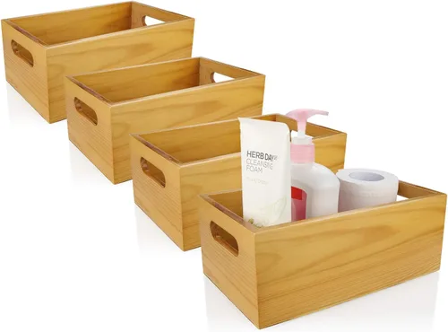 Un organizador de madera de pino seleccionado, caja abierta, 4 paquetes, contenedor de almacenamiento de madera de 6 x 10 pulgadas con asa para baño