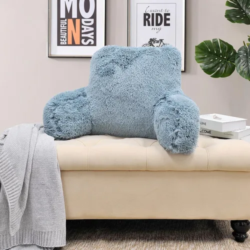 Miniatura 3 de Almohada de felpa de felpa lanuda de piel sintética con brazos para sentarse en la cama, sofá, cojín de cuña de apoyo de espalda con funda Azul