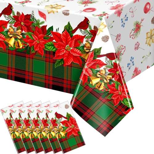 Miniatura 9 de Peryiter 2 piezas de mantel de plástico de Navidad alegre, 54 x 108 pulgadas, rojo de invierno, flor, loro, desechable, para decoración de fiesta