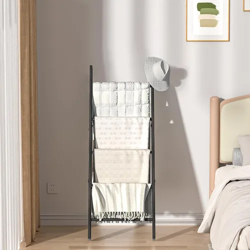 Miniatura 7 de HONEST OUTFITTERS Escaleras para Mantas para la Sala de Estar, Soporte de Mantas de 5 Niveles, Estante de Mantas Inclinado en la Pared, Estantes