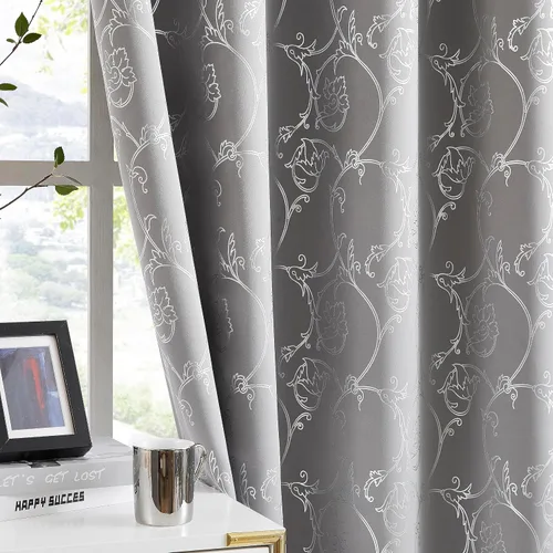 Miniatura 9 de Enactex Cortinas 100% opacas de 84 pulgadas de largo para dormitorio, cortinas con patrón floral plateado para sala de estar, oscurecimiento