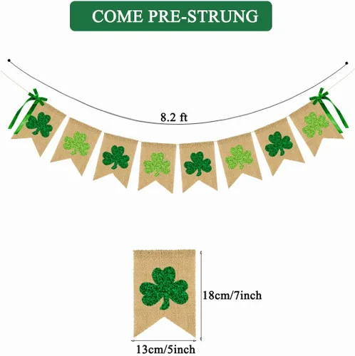 Miniatura 2 de CAVLA Cartel de arpillera de trébol con purpurina para el día de San Patricio, guirnalda de trébol verde con lazos, decoración de fiesta del día