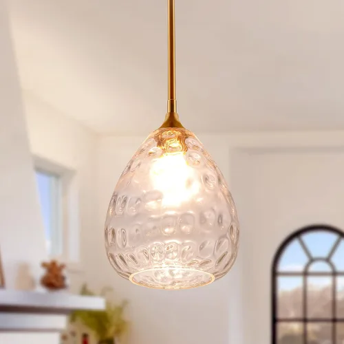 Miniatura 11 de Iluminación colgante dorada con pantalla de vidrio martillado ámbar, lámpara colgante Art Deco de 1 luz para isla de cocina, comedor, dormitorio