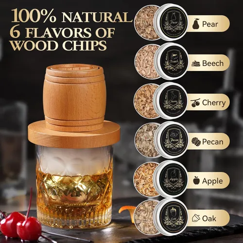 Miniatura 7 de Kit de ahumador de whisky con antorcha, kit de ahumador de cóctel a la antigua moda con chips de madera de 6 sabores, 2 bolas de hielo de acero