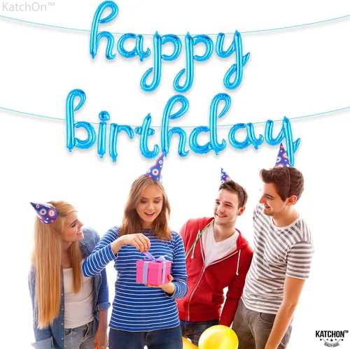Miniatura 3 de KatchOn, Cartel azul de feliz cumpleaños – Cartel cursivo de feliz cumpleaños de 16 pulgadas, pancarta azul de feliz cumpleaños, decoraciones