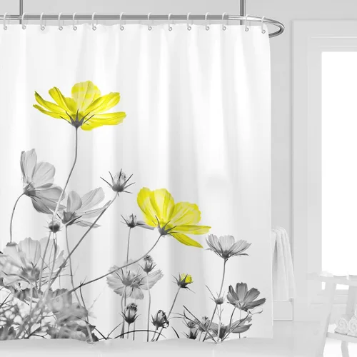 Miniatura 25 de Cortina de ducha de 72" x 72" con flores grises y rosas, gris y blanco, flores silvestres, margaritas, plantas, pintura de tinta, botánica
