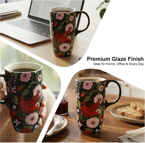 Miniatura 2 de Topadorn Taza de café de cerámica, taza de viaje de porcelana con tapa y asa, taza de café grande para hombres y mujeres, trabajo de oficina, Pájaro