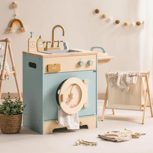 ROBOTIME Juego de lavadora de cocina de juguete, lavadora de juguetes de madera para niños con cesta de ropa, plancha y fregadero, juguete de cocina