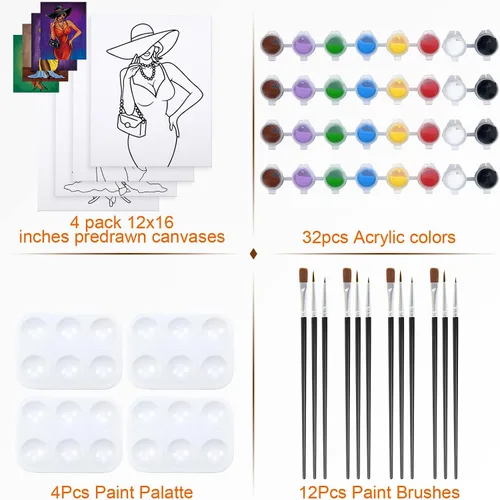 Miniatura 3 de Nuberlic Juego de 4 piezas de 12 x 16 pulgadas, tamaño grande, elegante, para dama, lienzo predibujado para pintar para adultos, regalo de cumpleaños