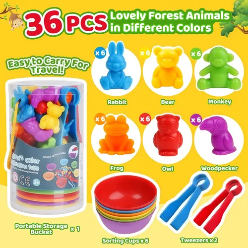 Miniatura 7 de Juegos de clasificación de animales por color con cuencos de clasificación Montessori sensorial, juguetes educativos tempranos para aprender
