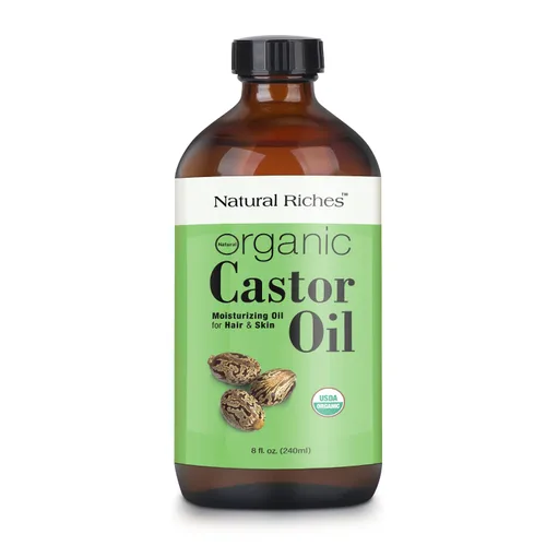 Natural Riches Aceite de ricino orgánico sin refinar, botella de vidrio prensado en frío, certificado por USDA para piel seca, pérdida de cabello,