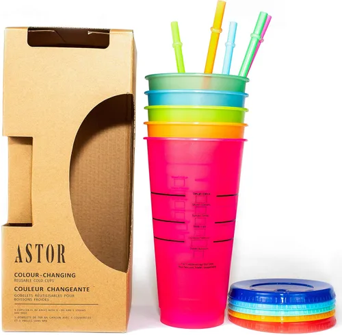ASTOR - Vasos que cambian de color | Juego de 5 vasos reutilizables con tapas y pajitas | Vaso frío de 24 onzas | Vasos de café helado