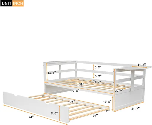 Miniatura 2 de Quarte Sofá cama multifuncional de tamaño individual con nido y estantes plegables en ambos lados, sofá cama con marco de madera y listones