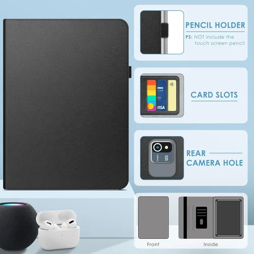 Miniatura 3 de DETUOSI Funda universal para tableta Android de 10.1 pulgadas, cubierta protectora de cuero, visión de 2 ángulos, con 3 ranuras para tarjetas, funda
