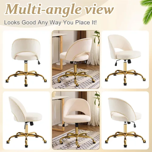 Miniatura 7 de VINGLI Silla de Oficina Pequeña de Terciopelo Moderna, Linda Silla de Escritorio con Ruedas, Base/Tachuelas Doradas, Cómoda Silla Giratoria sin Beige
