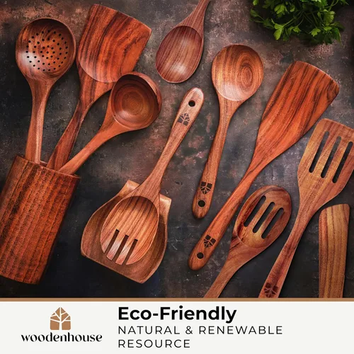 Miniatura 8 de Woodenhouse - Cucharas de madera para cocinar, juego de utensilios de cocina de madera con soporte, soporte para cuchara y ganchos, utensilios