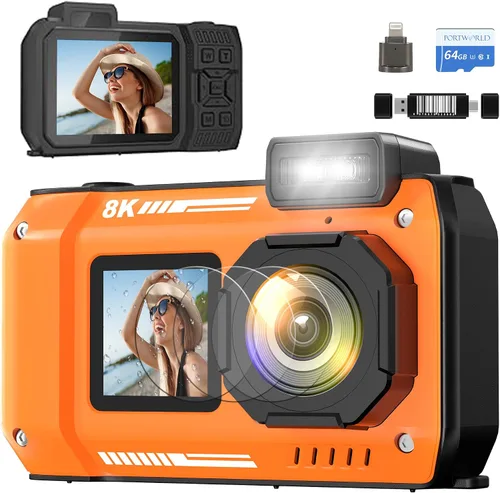 Miniatura 10 de Cámara Digital Impermeable 8K para Esnórquel: 70MP 33FT Cámara Subacuática Compacta Resistente HD de Doble Pantalla con Zoom de 18X Selfie, Tarjeta