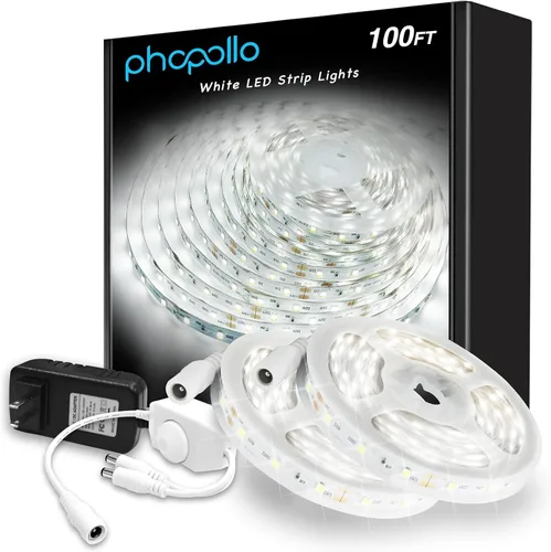 Miniatura 9 de PHOPOLLO Tira de luces LED blancas de 16.4 pies, tira de luces LED regulable de 6500K de luz blanca diurna, 300 LED, luces LED flexibles