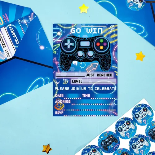 Miniatura 2 de WERNNSAI Invitación para Fiesta de Videojuego - Juego de 24 Tarjetas de Cumpleaños de Juego Azules para Llenar con Sobres y Adhesivo para Niños