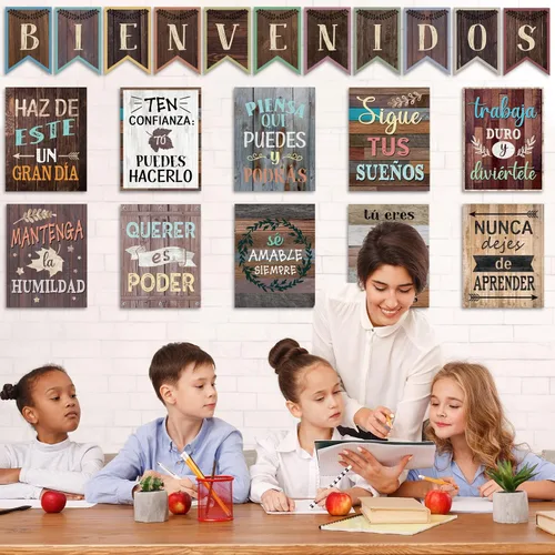 Miniatura 6 de 21 carteles inspiradores españoles de Bienvenidos, estilo industrial retro, póster motivacional español, juego de tablones de anuncios para el aula
