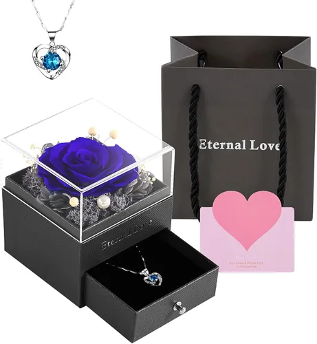 Rosa preservada, regalos de cumpleaños para mujeres, mamá, novia, regalos para mamá, abuela, esposa, hija, hermana, cajas de joyería con collar Rosa