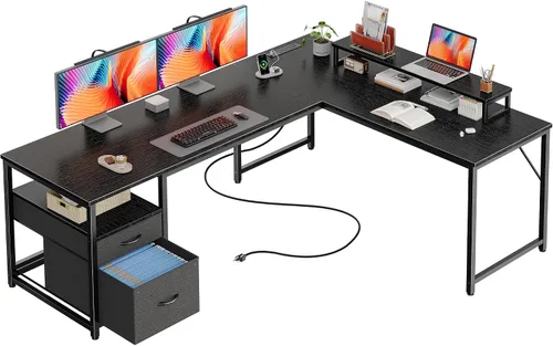 Miniatura 12 de PRAISUN Escritorio en forma de L de 55 pulgadas con tomas de corriente y puerto USB-C, escritorio de oficina en casa con cajones de tela de archivos