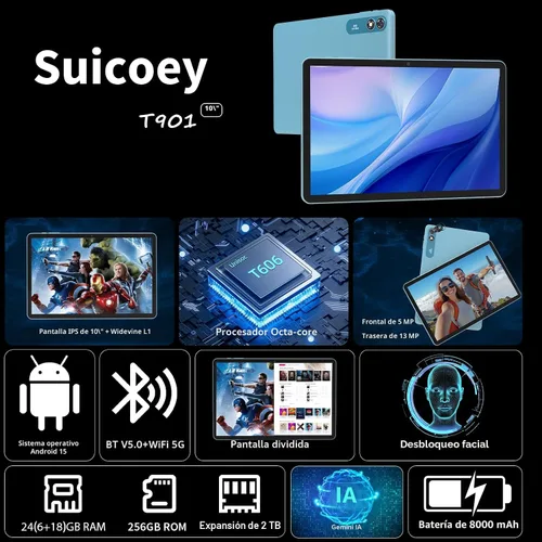 Miniatura 2 de Tablet Android 2026 de 10 pulgadas, tableta Android 15 con teclado, 24 GB+256 GB+2 TB expandir, tabletas 2 en 1 con Gemini AI, 8 núcleos, 8000 mAh