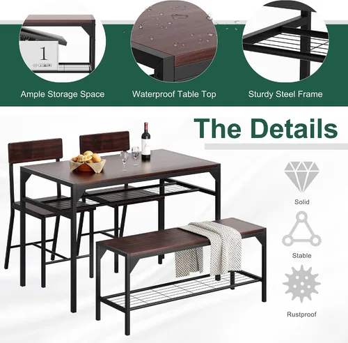 Miniatura 6 de Conjunto de mesa y sillas de cocina Shintenchi de 4 piezas, juego de mesa de comedor para 4 con banco y sillas, juego de mesa de cocina de 4 piezas
