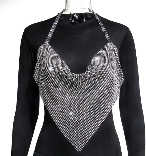Miniatura 5 de RARITYUS Camiseta corta sexy con diamantes de imitación brillantes y sin espalda para mujer, cuello redondo, con cadena, camiseta sin mangas