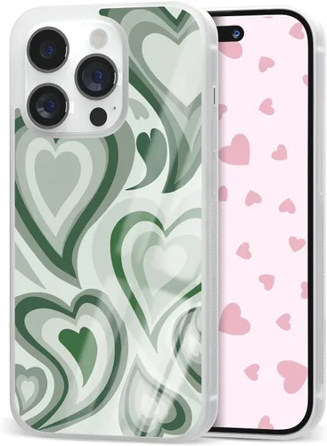 Fundas estéticas para teléfono para niñas Apple iPhone 11, 12, 13, 14 Pro Max Plus Mini, Samsung Galaxy S21 S22 Ultra Plus (corazón verde oscuro)