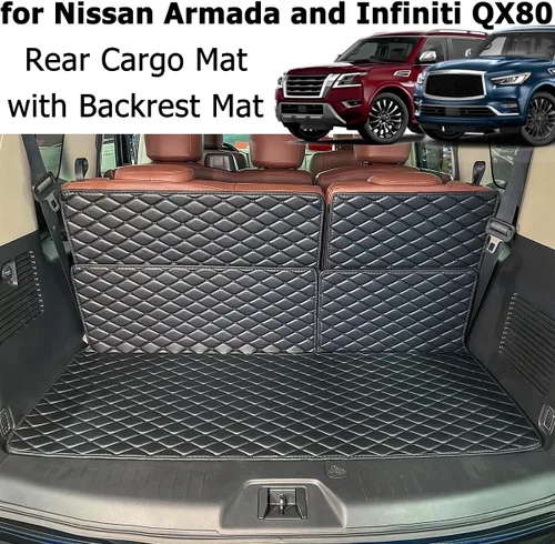 Miniatura 5 de para 2017-2024 Nissan Armada / 11-13 Infiniti QX56 / 2014-2024 QX80 Alfombra de maletero y fundas de respaldo trasero para 2ª+3ª fila (5 piezas)